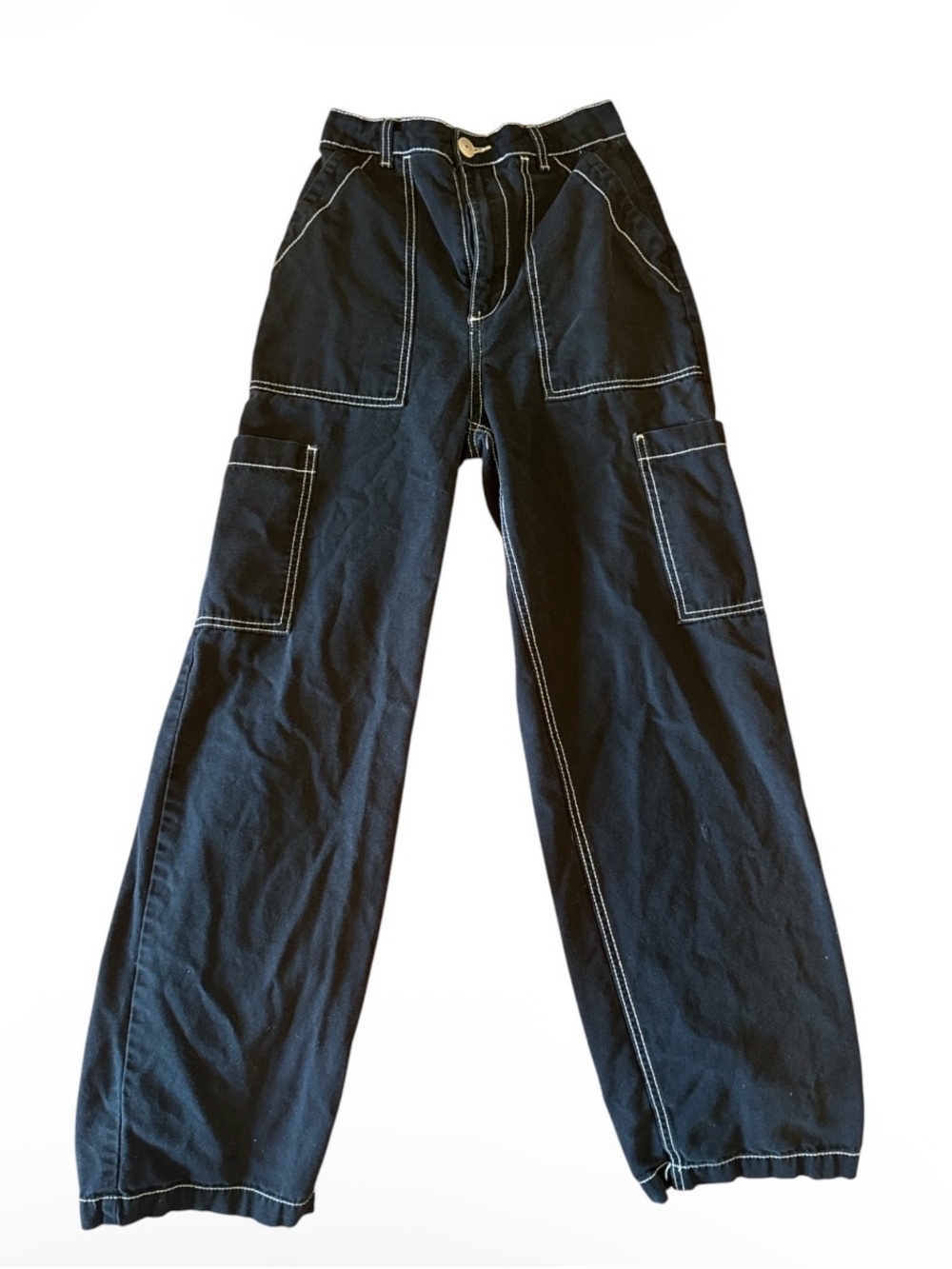 H&M Black Wide-Leg Cargo Jeans with White Stitching